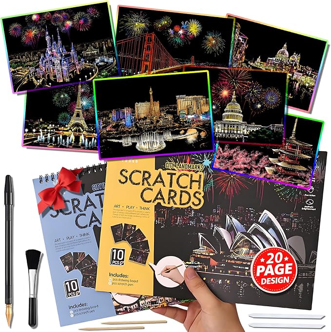 20 PCS Cityscape Scratch Art Book Crafts for Adults Teen, Rainbow Landmarks | DIY Colorful City Series Painting Paper, ASMR Stress-Relief Engraving Kit Scratchboard, travel crafts and creative gifts