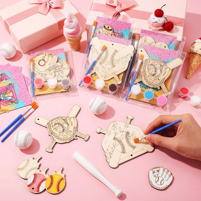 Saypacck 24 Pcs Ice Cream Drip Baseball Party Favors Wooden Paint Craft Kit | Birthday Party Supplies with Paint Brushes, Wooden Craft for Goodie Bag Fillers, Thank You Gifts with Organza Bags