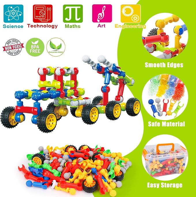 Qirptey Kids STEM Building Toys for 3 4 5 6 7 8+ Year Old Boy Birthday Gift | 186 Pcs Educational Building Blocks Games for Kids Ages 3-5 4-8 5-7 ,Preschool Kindergarten Manipulatives Classroom Must Have