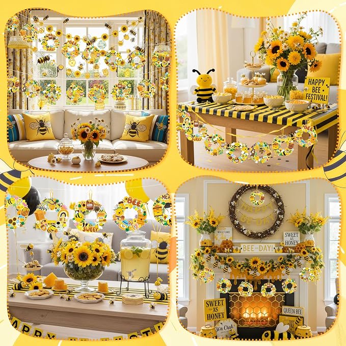 Hollowfly 48 Sets Bee Craft Kits DIY Summer Wreath with Honey Stickers | Paper Bee Crafts for Kids Activities, Sunflower Decorations with Adhesive Honey Stickers, Hanging Ornaments for Party