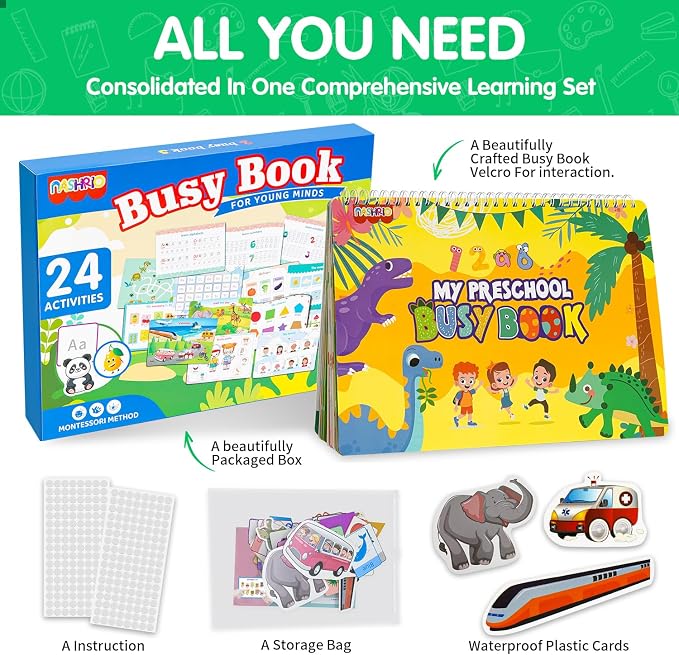 Busy Book for Toddlers 3-5, Montessori Preschool Learning Book, 24 Themes | Interactive educational activity book that builds early learning, fine motor skills and independent play for preschool kids.