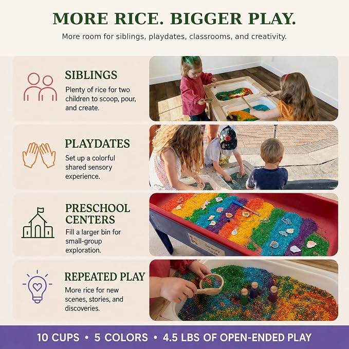 Rainbow Rice Sensory Bin Filler for Calm, Creative Play. 5 Colors, 10 Cups (4.5 lbs) Montessori Fine Motor Activity for Kids- Non-Toxic, Hand-Dyed, Sensory Toy - Made in USA by a Real Mom