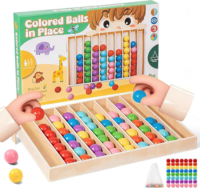 56 PCS Wooden Color Sorting Balls Toy with Storage Box | puzzle colorful ball sorting game, rainbow sensory color matching & return game for kids ages 3+