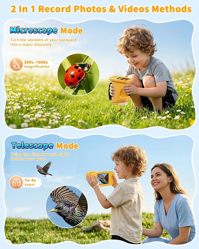 1000X Kids Handheld Microscope, 4K Digital Mini Pocket Digital Microscope with 2.4" IPS Screen, Built-in Camera & 12 Prepared Slides, STEM Educational Toy, Birthday Gift for Boys & Girls Ages 3–12