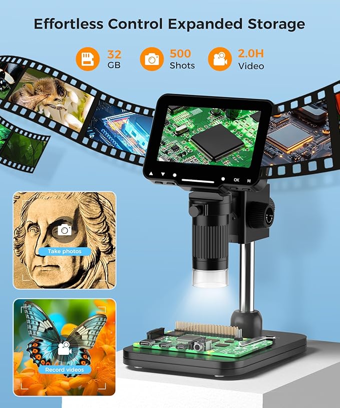 PalliPartners Digital Microscope for Coins with Light HD Screen | 4.3 Inch 1080P HD Screen, 10MP Camera, 1-1000X Zoom. Wireless USB Digital Microscope with Video Recorder for Inspection