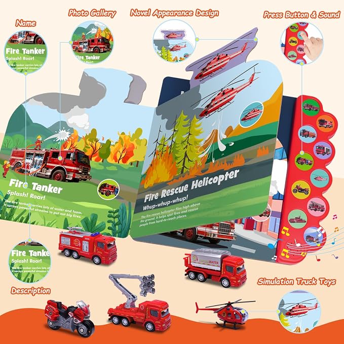 iGRATENS Fire Truck Toys with Sounds Book, 10 Alloy Toy Trucks | Fire Vehicle Board Book with 10 Buttons, Realistic Sound Effects, Exquisite Illustrations, Great for Little Truck Lovers Kids