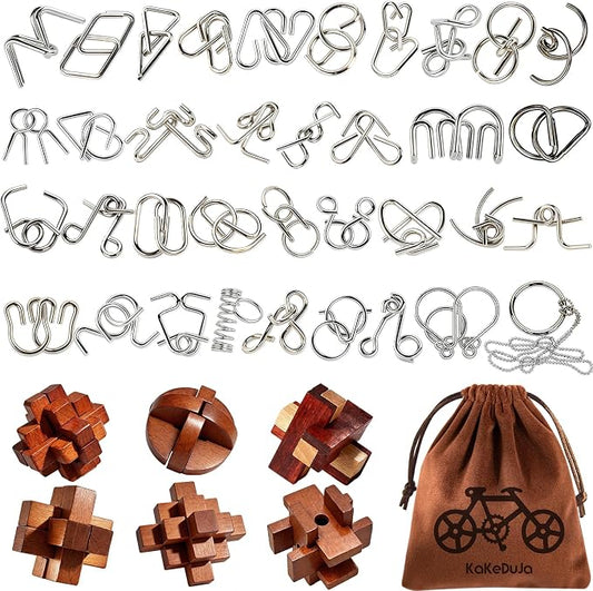 42 Pcs Brain Teaser Puzzles Set for Adults Kids – Vintage Wooden & Metal 3D IQ Game, Challenging Disentanglement Logic Puzzles, Family Party Favor Portable Travel Pouch Set