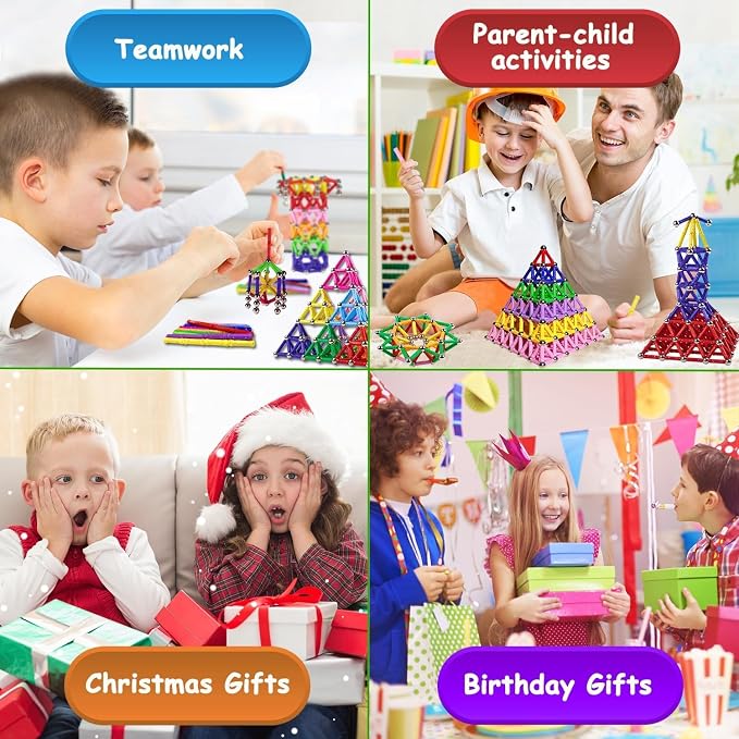 158Pcs Magnetic Building Sticks Blocks, Magnet Educational Toys STEM Toys Learning for Kids, 3D Construction Building Toy with Storage Bag