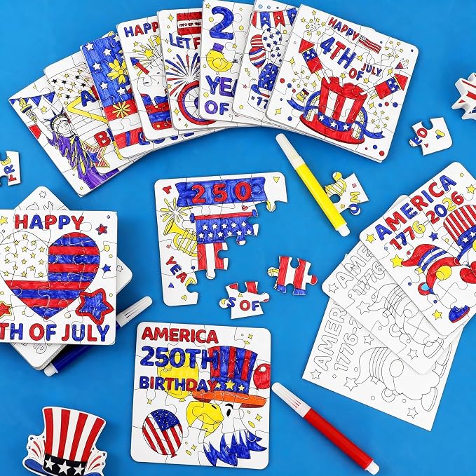 24 Sets 250th Anniversary 4th of July Crafts for Kids, Patriotic Crafts Activities DIY Puzzle Kits Red White Blue Star Flag Independence Day Memorial Day Jigsaw Painting Art gift Party Favors Supplies