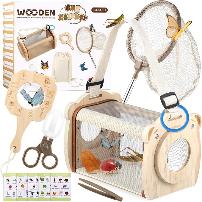 GAGAKU Wooden Bug Catcher Kit for Kids 4-8, 9PCS Outdoor Nature Exploration Set with Expandable Butterfly Net, Magnifying Glass, STEM Learning Game Cards, Educational Catching Toy for Backyard Camping