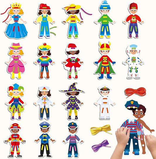 18PCS Dress Up Lacing Card | Girl Montessori Toys Sewing Kits for Kids | Fine Motor Skills Toy for Preschool, Learning Activities Kindergarten Toys,Classroom Supplies