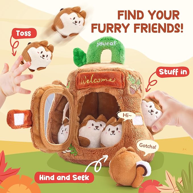 JoyCat Baby Toys 6-12 Months, Soft Treehouse 5 Sensory Squirrels, Rattle | Soft treehouse with 5 sensory squirrels offers rattle, crinkle, squeak and mirror play for baby exploration and learning.
