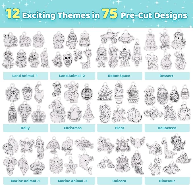 Funtopia Shrinking Art Sheets Kits for Kids, 75 Pre-Cut Keychain Making Kit | 12 Themes Shrink Paper Craft, DIY Shrink Art Plastic Sheets with Charms and Keychains Accessories