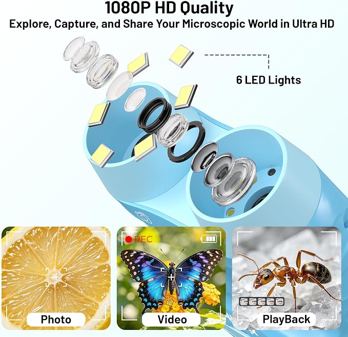1000X Handheld Microscope for Kids 2.0" Screen 32GB Card Included | Rechargeable 3 in 1 Pocket Digital Kids Microscopes with Camera & Selfie Lens, Edu Science Kits for Kids 4-6 8-12 Blue