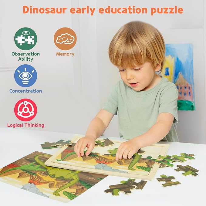 SYNARRY Large Dinosaur Wooden Puzzles for Kids Ages 4-6, 4-in-1 Gift Set | Dinosaur Puzzles for Toddlers & Kids Ages 3-5, Birthday Gifts for Boys & Girls, Educational Dinosaur Toys, Screen-Free Play