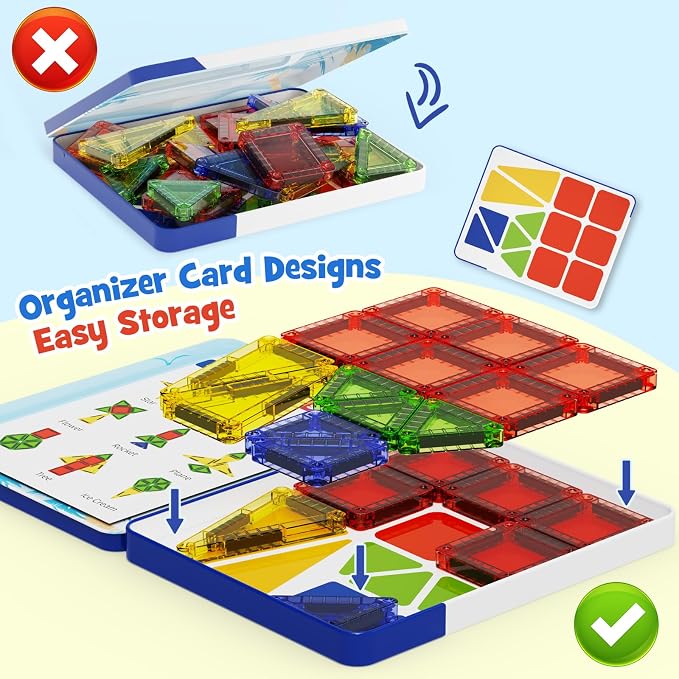 Mini Magnetic Tiles Travel Set: Holds 5+ Blocks, Strong Magnets for Car | 26PCS iron box, 45s quick storage. Ideal for plane & restaurant play, STEM toy for ages 3-8.
