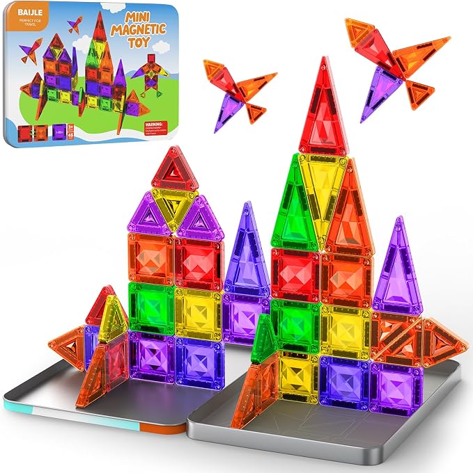 Mini Magnetic Tiles, 45PCS Diamond Pattern Magnetic Tiles Travel Set with Case, Portable Building Toys Creativity Boosting Sensory Toys for Kids Ages 4-8 Toddler Boys Girls Halloween Birthday Gift