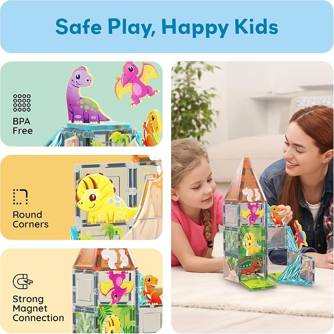PicassoTiles Dinosaur Magnetic Tiles, STEM Building Blocks Toy Set Ages 3+ | 38 pieces, 8 action figures, vibrant Jurassic world, screen-free activity, color shape recognition, durable BPA-free plastic