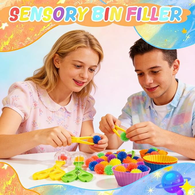 Bbiamsleep 78 Pcs Sensory Bin Filler Sensory Bin Items Fine Motor Skills | Light Box Manipulatives Include Colorful Hedge Balls Tweezers Scissors Clips Sorting Cup for Sorting Counting Training