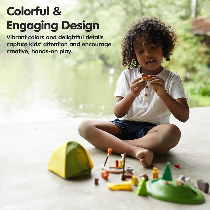 PlanToys Pretend Play Camping Set (6624) | Sustainably Made from Rubberwood and Non-Toxic Paints and Dyes | wooden camping play set, montessori imaginative role play, social skill development, open-ended adventure toys, kids toy