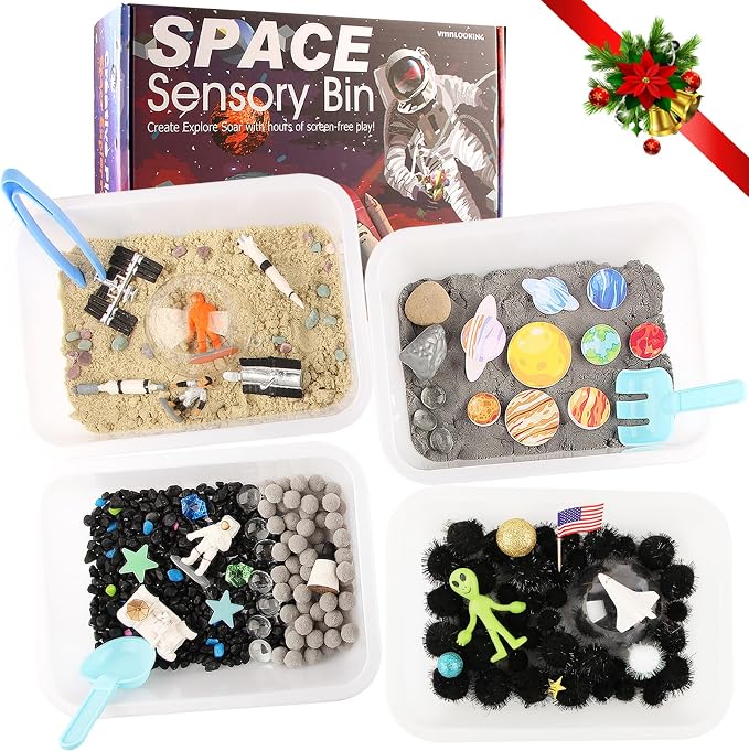 Space Themed Sensory Bin Filler,Planet Toys for Kids, Universe Solar System for Autistic Children, Space Astronauts Sensory Toys for Toddlers with 9 Planets, Sand, 3 Tools and More