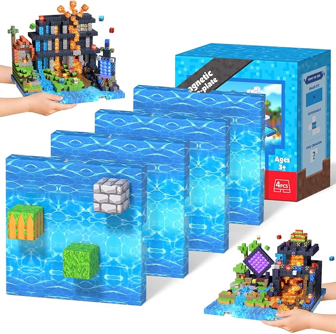 4PCS 4" x 4" Magnetic Building Block Base Plates for Kids, Strong Grip Magnetic blocks Base Compatible with Most Popular Magnetic Blocks & Cubes, STEM Educational Toys for Boys Girls Ages 3+ (Water）