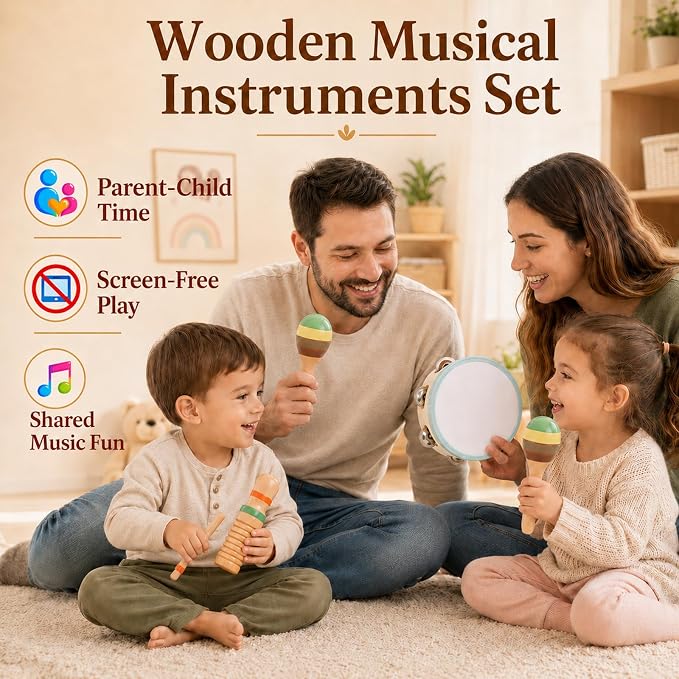 Wooden Musical Instruments, 12-Piece Montessori Percussion Set for Kids 3+ | No batteries required, combining melody, rhythm and varied sounds through open-ended exploration