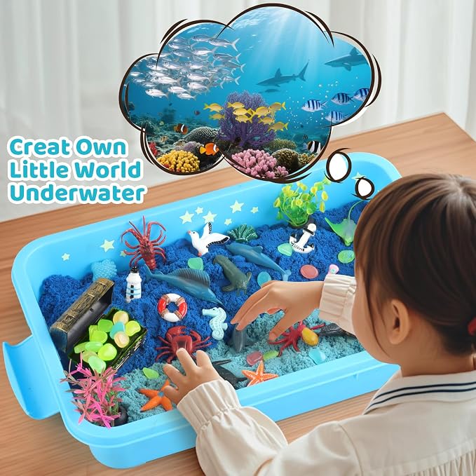 Kaelinda Ocean Sensory Bin for Toddlers 3-4 5-7, Sea Animals Toys for Kids | Sensory Bin Sand Gifts for Toddlers 3-4, Ocean Toys Sensory Sand for Boys Girls Birthday Gifts 3 4 5 6 7 8 Year Old