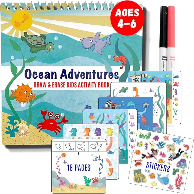 Totebook Dry Erase Activity Book for Kids - 18 Erasable Learning Games with Markers & Reusable Stickers, Travel Activities for Ages 4-6, Fits Case (Ocean Theme)