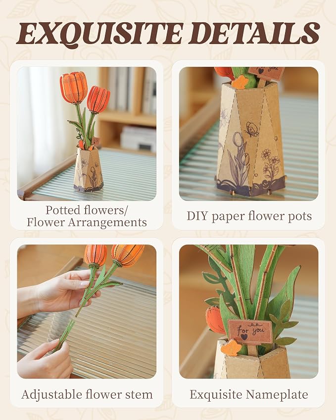 rowood Orange Tulip Wooden Flower,DIY Artifical Flower Building Set Craft Kit for Adults,Mother's Day/Valentine's Day for Mom/Women/Grandma