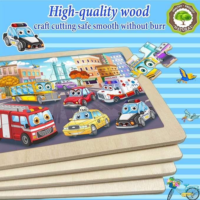 Wooden Puzzles for Kids Ages 4-6, 4 Pack 24 Pcs Toddler Puzzles Set for Ages 3-5, Educational Learning Toys Gift for Boys Girls 3-8 (City Traffic, Airport, Construction, Ocean Cruise)