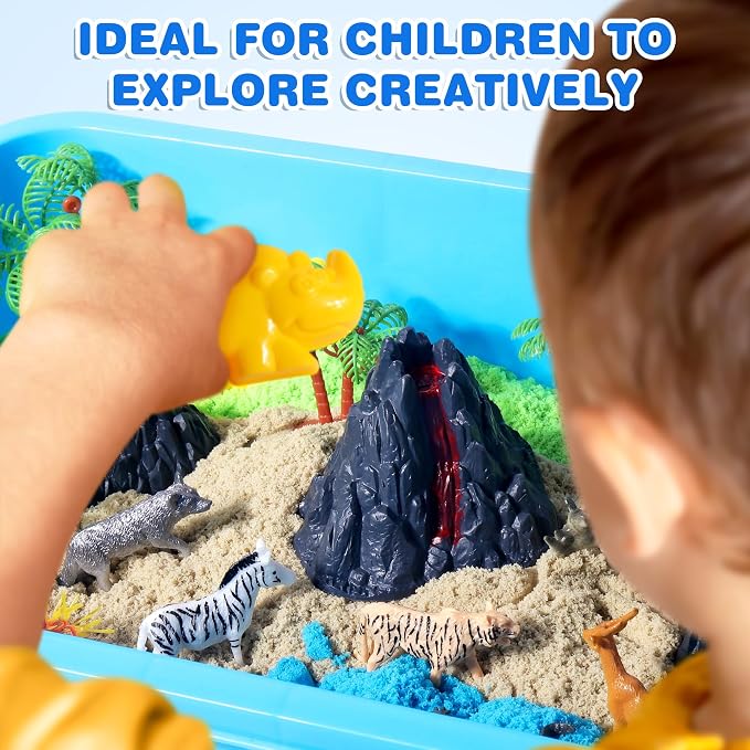 Billeeit. Animal Sensory Bin Sand Toy | Play Sand Kit w/lid and 2.2lbs Moldable Sensory Sand, Molds, Tools, Map Set 30+pcs Total, Fun Gifts for Kids 3+