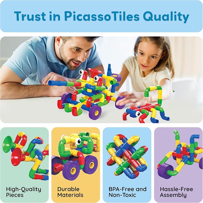 PicassoTiles PTT136 136pcs Tubular Pipes & Spout STEAM Interlocking Educational Building Block Set, Tube Locks, Pipeworks Construction Blocks w/Storage Container Box, Idea Book, Flute Musical Kit | 7 tube styles, easy-connect joints, idea guide, storag...