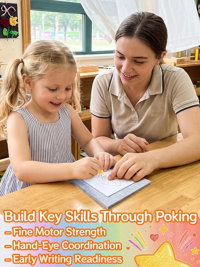 Fine Motor Toys Push Pin Activities for Kids 4 to 6 - Montessori Toys | Pattern Tracing for Finger Grip, Preschool Classroom Must Haves Learning Activities, Early Childhood Education Materials