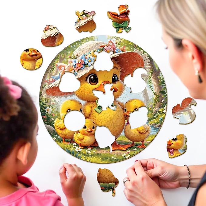 Animal Wooden Puzzles for Kids - Family Duck | 50 Piece Puzzles for Kids Ages 6-8, Kids Puzzles with Unique Animal Shapes, Round Gift for Girls and Boys (11.4 * 11.4 in)