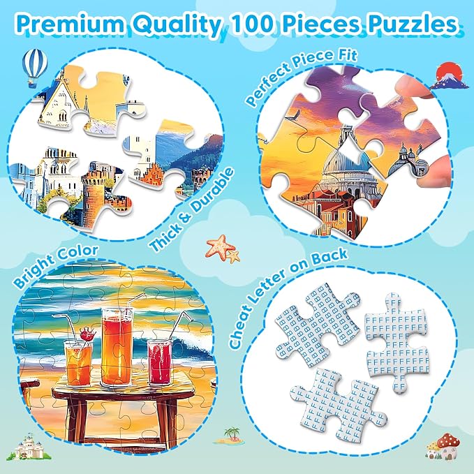 100 Piece Puzzle World Famous Landscapes Jigsaw Puzzles Large Piece Puzzles for Adult Seniors Kids Puzzles for Kids Ages 4-6 6-8 Learning Educational Toys Gifts for Girls Boys 4 Packs