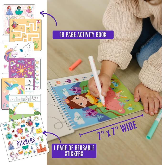 Totebook Dry Erase Activity Book for Kids - 18 Erasable Learning Games with Markers & Reusable Stickers, Travel Activities for Ages 4-6, Fits Case (Jungle & Princess)