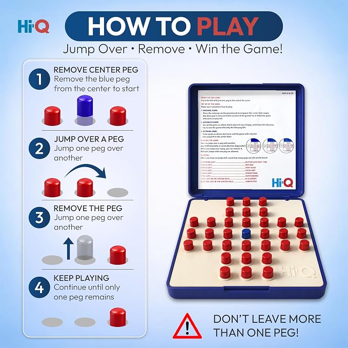 Original HI-Q Solitaire Game - Solitaire Board Game for Kids, Adults & Seniors, Solo 1-Player, Puzzle Strategy Problem Solving Game, Perfect Travel & College Board Game, Classic Hi-Q Peg Brain Teaser