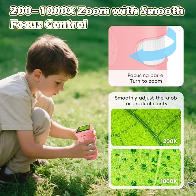 Alotwan Kids Microscope Digital 1000X Zoom, Mini Pocket Handheld Microscope Portable Travel Toys, HD Camera Video Magnifying Glass, Christmas Birthday Gifts for Girls, STEM Toys for Toddlers Age 3-8
