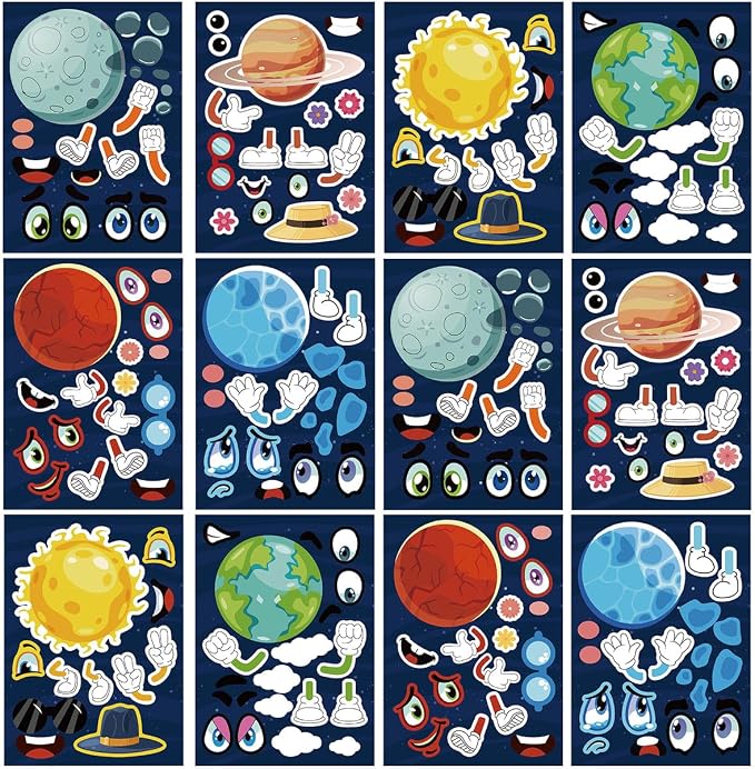 24 Sheets Make a Face Outer Space Stickers for Kids Party Favors | Make Your Own Planet Stickers Birthday Decorations Supplies, Toddlers Crafts Activities Gifts Goodie Bags Stuffers