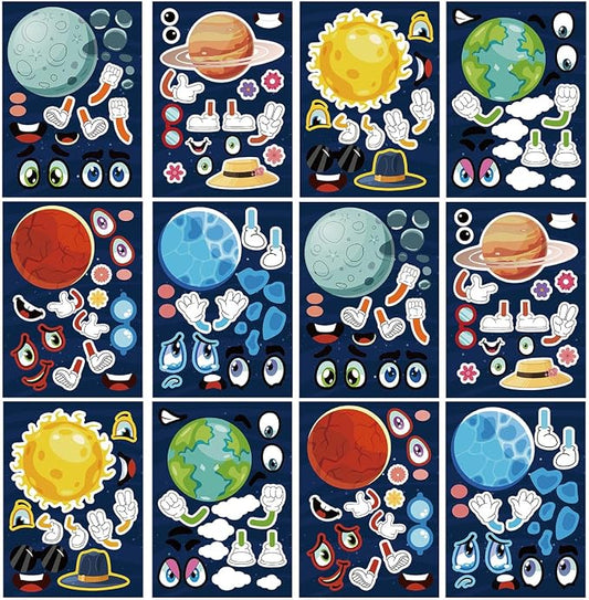 24 Sheets Make a Face Outer Space Stickers for Kids Party Favors | Make Your Own Planet Stickers Birthday Decorations Supplies, Toddlers Crafts Activities Gifts Goodie Bags Stuffers