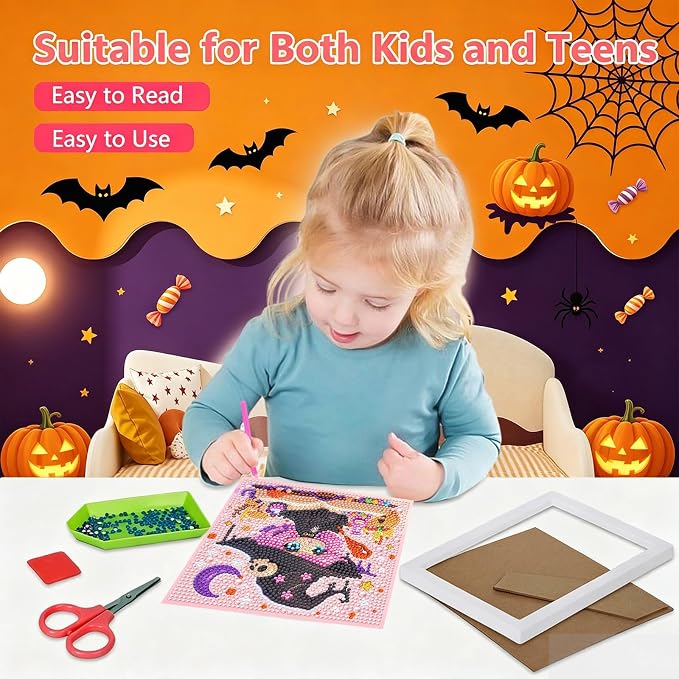 Gemozaic Halloween Diamond Art Kit for Kids Ages 6-8-12 with Frame, 7x7 in | Cute Witch Diamond Art for Kids 10 Year Old, DIY Big Gem Arts and Crafts for Boys and Girls Birthday Gift, Home Wall Decor