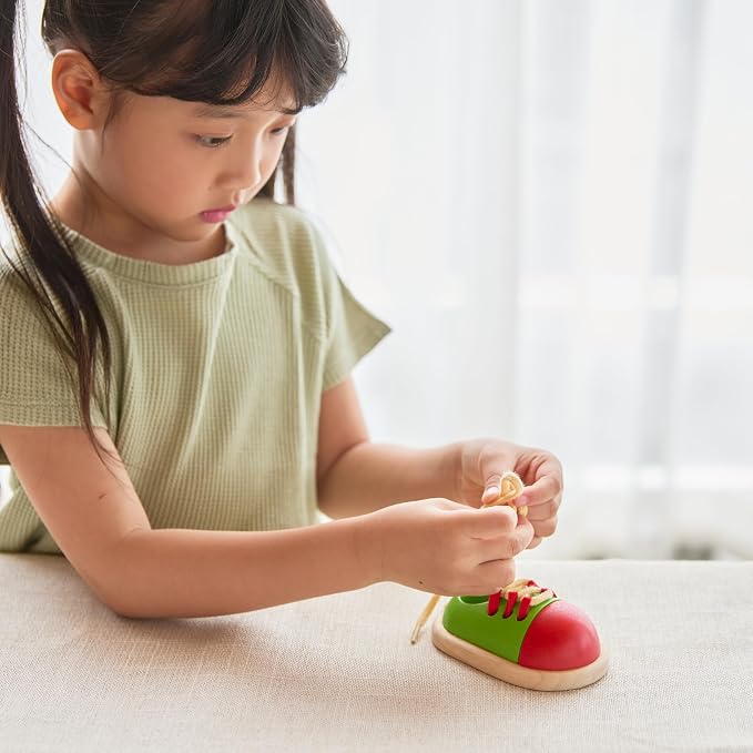 PlanToys® Tie-Up Shoe Lacing Practice Toy for Kids | Montessori Fine-Motor & Independence Activity for Focus & Coordination | Eco-Friendly Wooden Educational Tool