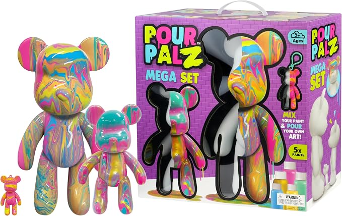 Pour Palz DIY Paint Pouring Kit, Create Custom Art with XL & Standard & Keychain Figure, 5 Acrylic Pour Paints -Fun Creative Hobby for Kids & Adults, Unique Collectible Craft Set, Mega Pack, Ages 5+
