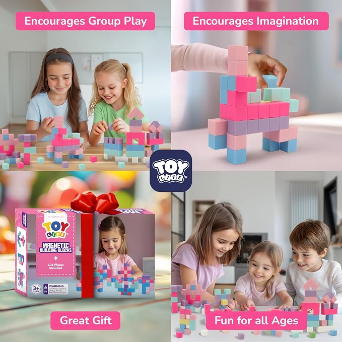 TOY Life Pastel Magnetic Blocks, 104-Piece STEM Set, Ages 3-8 | 10 soft colors, smooth ABS cubes, open-ended construction, group play, birthday gift