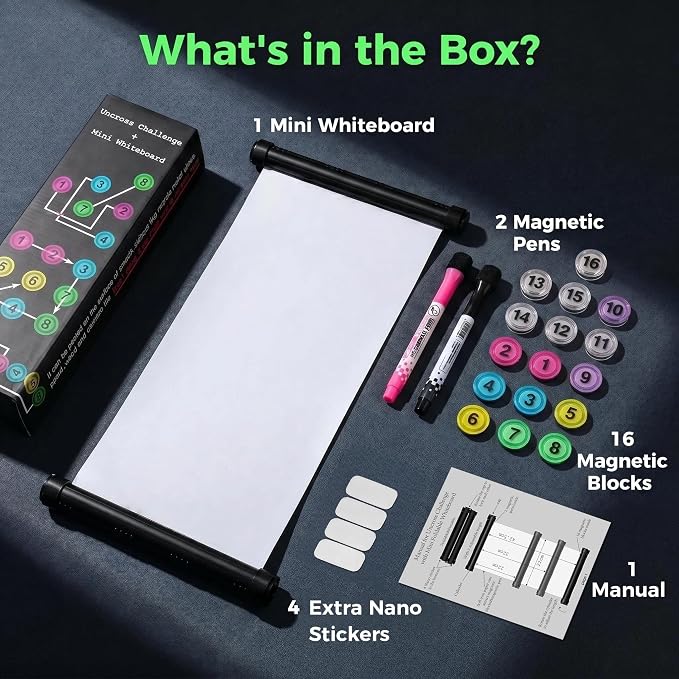 Roll-Up Mini Whiteboard - Uncross Challenge Puzzle Game, Magnetic Markers & Blocks, Reusable Portable IQ Training Toy for Adults, Party Travel, Multi-Surface Nano Adhesive Whiteboard