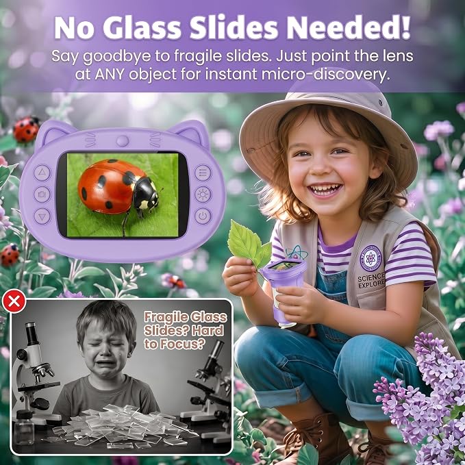 Kids Microscope, 1000X Handheld Digital Pocket Microscope with 2.4" IPS Screen & 8 LEDs, Rechargeable STEM Educational Science Toy for Outdoor Exploration, Gift for Boys Girls Age 4-12, Violet