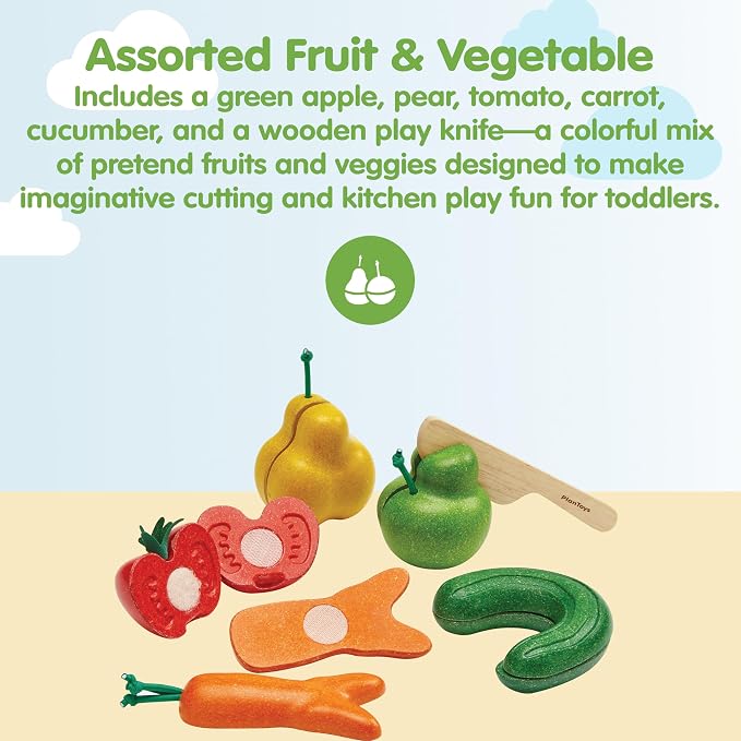 Plan Toys 3495 Wooden Toy, Wood | slicing, knife, tray, fruits and vegetables toys, pretend food, girls, boys, fine motor role play, social gift preschool