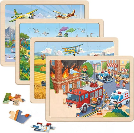Wooden Puzzles for Kids Ages 4-6, 4 Pack with 24 Pieces Jigsaw Puzzles Preschool Educational Toys Gifts for Children Ages 3-5, Kids Toys Gifts for 4+ Year Olds Boys Girls