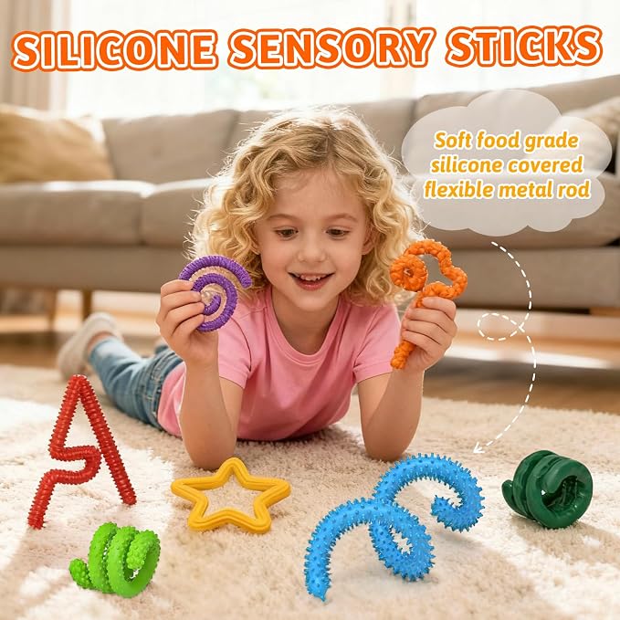 8 Pack Fidget Toys Sensory Sticks for Kids, Quiet Fidgets for Classroom Unique Textured Calming Travel Toys, Stress Relief Autism Sensory Room Must Haves, Stocking Stuffers